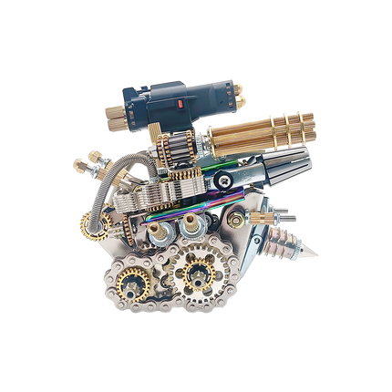 Mechanical steampunk weapon metal model with gold barrels, gears, and a complex metal kit construction, shown with a transparent background for clear product view. This steam punk mech is a intricate piece.