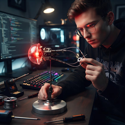 A tech enthusiast assembling a glowing jellyfish-style steam punk mech on a desk, a premium mechanical steampunk 3D puzzle Metal Kit for home office decor.
