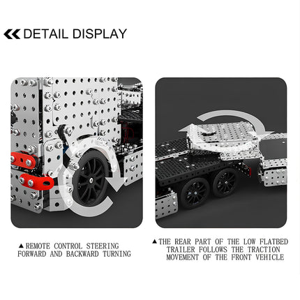A detail display of a semi-trailer truck metal model showing steering and tracking features, built from 3D puzzle Metal Kits as an intricate steampunk puzzle steam punk mech.