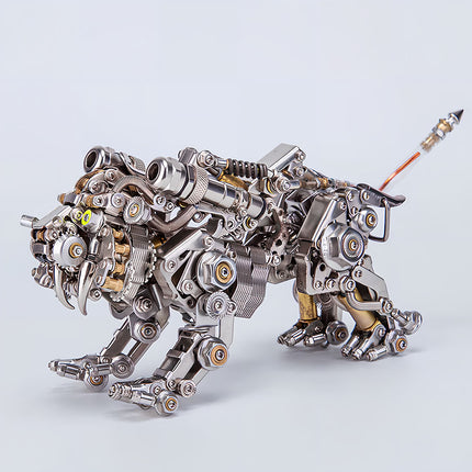  Full side view of a detailed metal model saber-toothed tiger, a sophisticated mechanical steampunk animal. This steam punk mech is ideal as a unique steampunk puzzle or collectible.