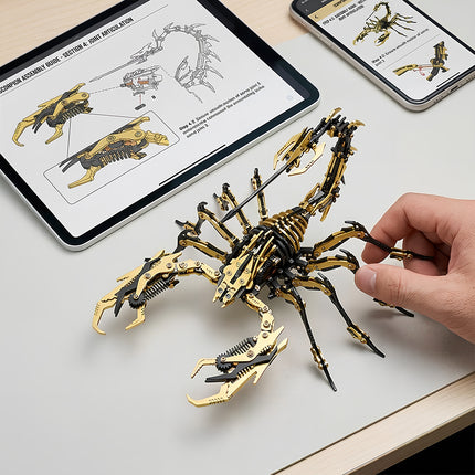 High-tech steam punk mech scorpion assembly, showcasing the 3D puzzle Metal Kits digital manual for precise joint movement.