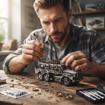 A model builder carefully assembling a tablefunny DIY 3D metal mechanical camouflage military truck model kit.
