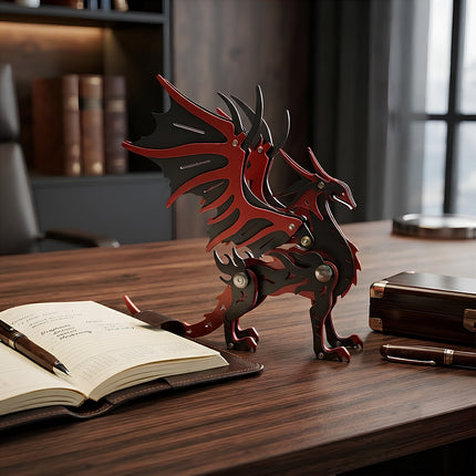 Assembled tablefunny DIY 3D metal dragon model kit displayed as a unique piece of artwork on a wooden desk.