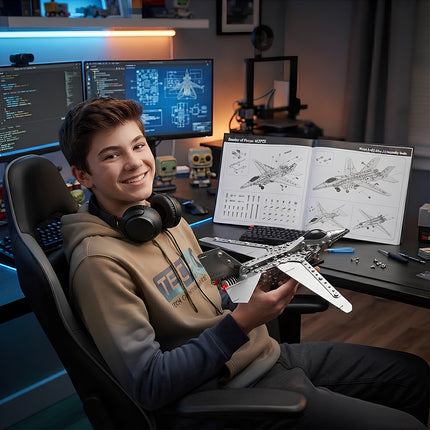 Teenager showing off his finished DIY 3D metal jet plane model at his desk with building instructions and dual monitors in the background.