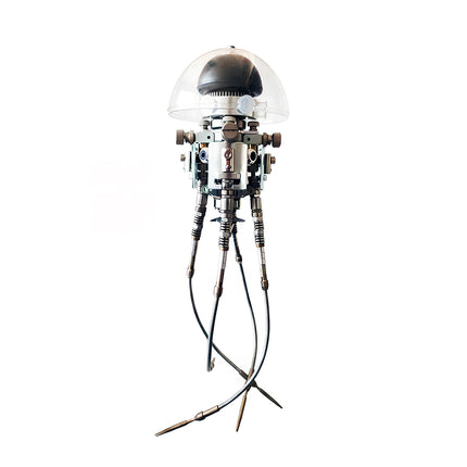 Intricate DIY 3D metal mechanical jellyfish robot model featuring a clear dome hood and articulated tentacles for sci-fi desktop display.