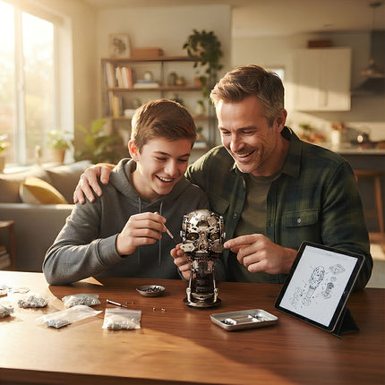Father and son collaborating on an intricate 3D metal mechanical robot skull assembly puzzle kit at a cozy home dining table.