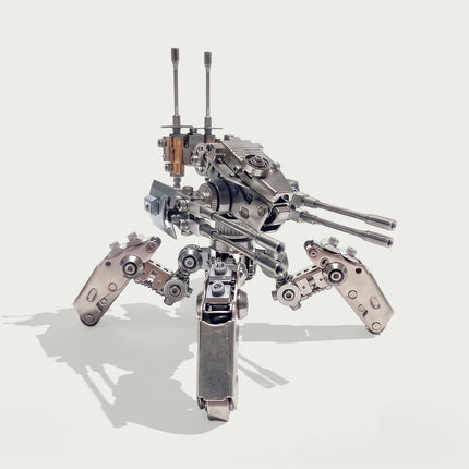 Intricate DIY 3D metal mechanical spider tank model featuring detailed robotic legs and twin cannon artillery.