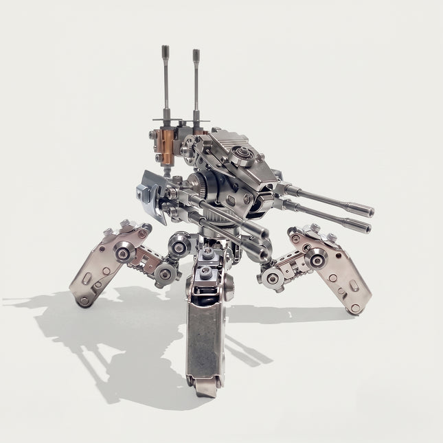 Intricate DIY 3D metal mechanical spider tank model featuring detailed robotic legs and twin cannon artillery.