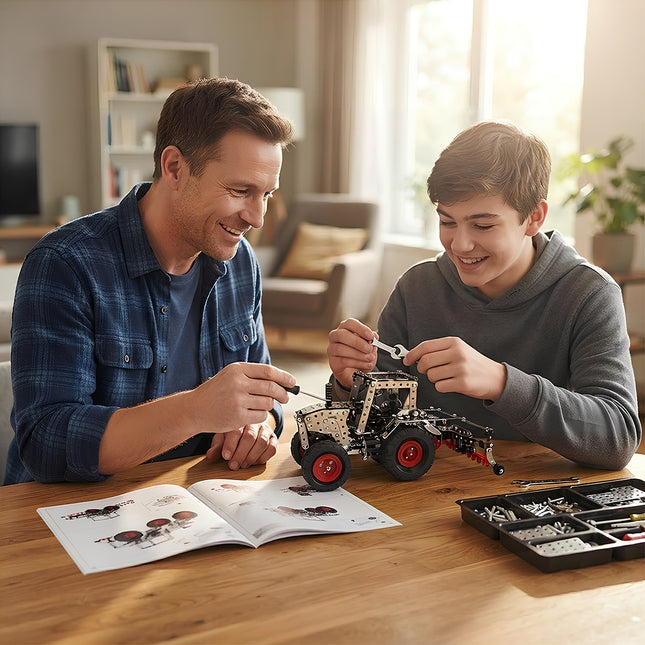 Parent-child bonding moment while assembling a complex 3D metal mechanical tractor puzzle kit with small tools as a great STEM educational gift.