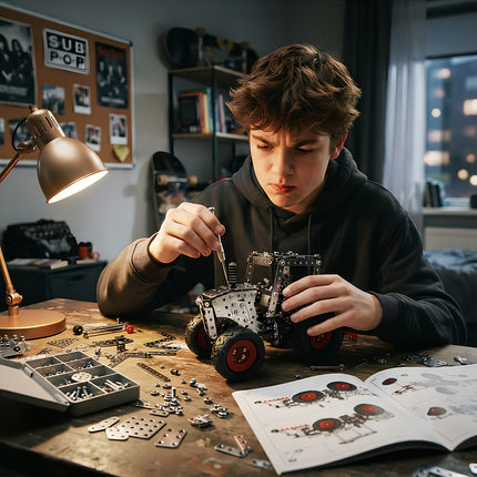 Teenager working on a complex 3D metallic mechanical tractor puzzle with manual, hardware parts, and tools on a cluttered workbench.