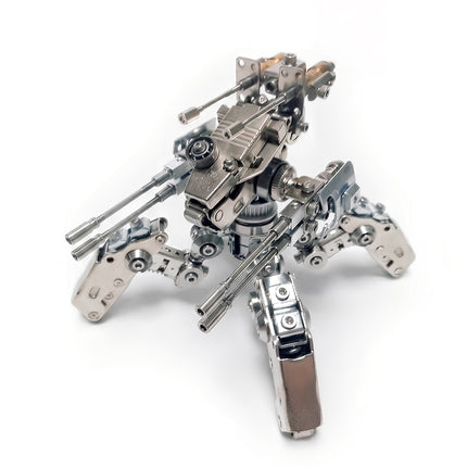DIY 3D metal mechanical spider mecha turret model with high rear antennas, rotating gear components, and sturdy metal legs.