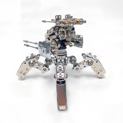 Detailed side-front profile shot of a DIY 3D metal mechanical spider tank model kit showcasing protective shields and twin cannons.
