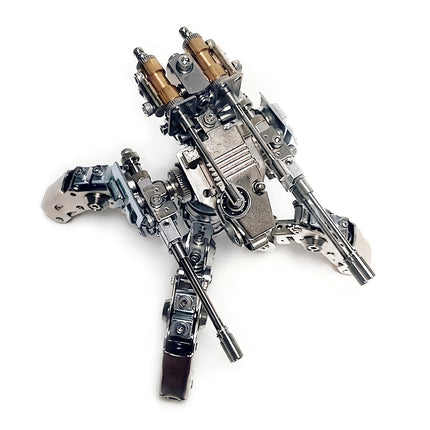 Detailed top-down shot of a DIY 3D metal mechanical spider tank model kit with brass accents and precision screws.
