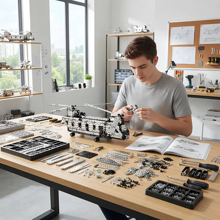 Detailed 3D metallic transport aircraft puzzle set spread out on a maker table with manual, organizing trays, and assembly tools.