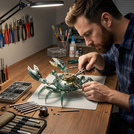 A hobbyist using pliers to assemble a green mechanical steampunk crab metal model on a professional workbench.
