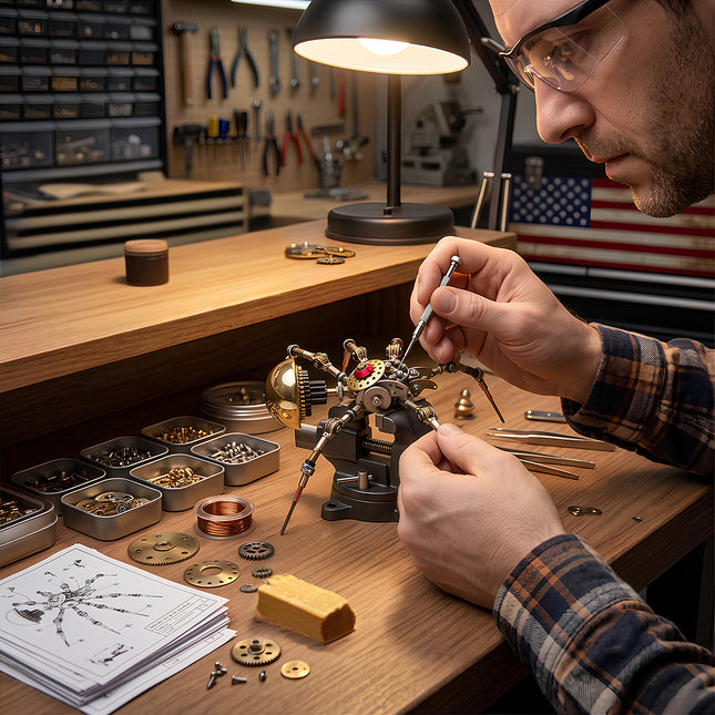 A lifestyle crafting scene of a man wearing safety glasses using a mini screwdriver to assemble a diy mechanical spider metal puzzle at a wooden workbench with gears, tools, and blue prints under a desk lamp.
