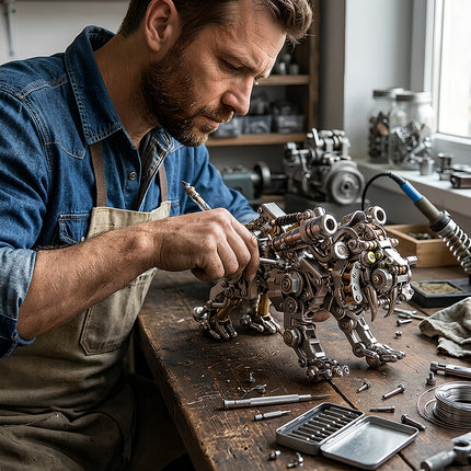 A hobbyist assembling a complex mechanical steampunk tiger metal model on a wooden workbench.
