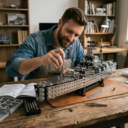 A man focused on building a large mechanical steampunk warship using premium 3D puzzle Metal Kits at his workbench.