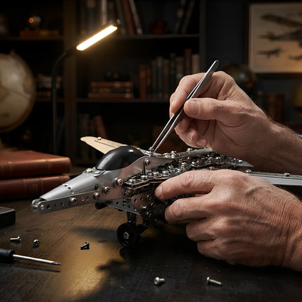 Close-up of a craftsman precisely installing screws on a DIY metal aircraft model during assembly.