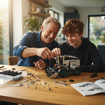 Intergenerational family bonding moment building an intricate 3D metallic mechanical combine harvester puzzle with tools and instruction manual.