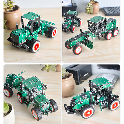 A 4-in-1 collage of completed green metal agricultural and construction vehicle models, including tractors and a grader, displayed on a wooden desk.