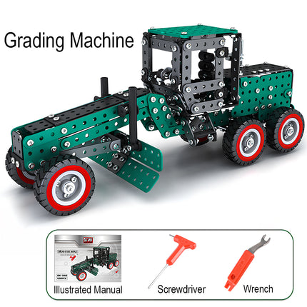 An infographic of a green metal grading machine model kit, displaying included assembly tools at the bottom: an illustrated manual, a screwdriver, and a wrench.