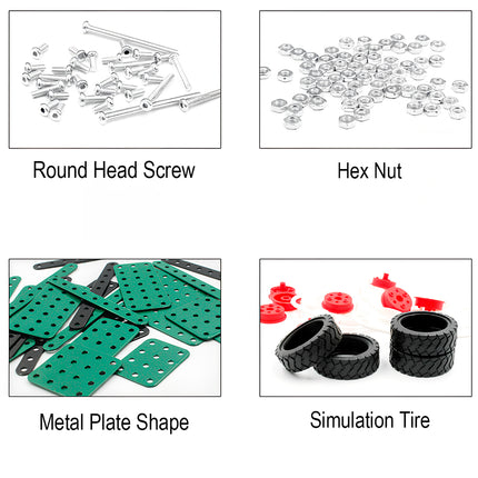 A grid infographic showing the hardware contents of the DIY metal model kit, including piles of round head screws, hex nuts, green metal plate shapes, and black simulation tires.