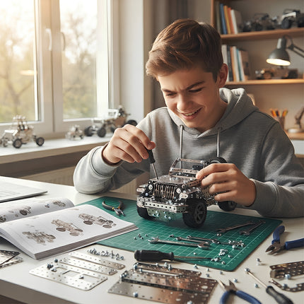 Engaging STEM DIY 3D metal truck puzzle kit with tools and instructions for teens and hobbyists.