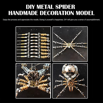 A four-panel image showcasing the assembly progression and final details of a DIY metal spider handmade decoration model, highlighting the intricate components and finished 3d puzzle design for a funny table display