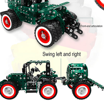 An infographic highlighting the mechanical features of a green metal tractor model kit, showing its front-end articulation and how the spray trailer can swing left and right.