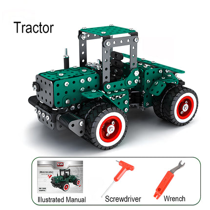 An infographic of a green metal tractor model kit showing included tools at the bottom, including an illustrated manual, a red-handled screwdriver, and a wrench.