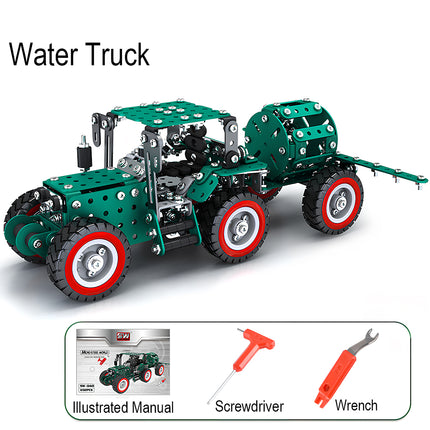 An infographic of a green metal water truck model kit with a spray trailer, showing included assembly tools at the bottom: an illustrated manual, a screwdriver, and a wrench.