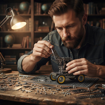 Adult maker working on a complex 3D metallic excavator mechanical puzzle with tools and parts laid out on a cutting mat.
