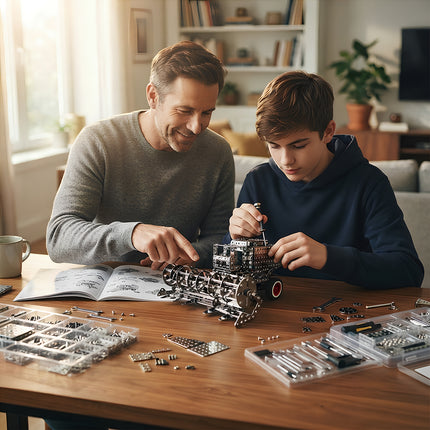 Teenager using a screwdriver to build a metallic 3D combine harvester model kit under father's guidance for STEM learning.