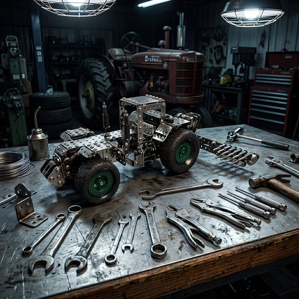 Handcrafted 3D metallic mechanical tractor puzzle displayed on a vintage garage workbench surrounded by wrenches, pliers, and hammers.