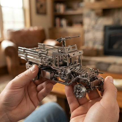 Intricate DIY metallic military truck model showcasing fine mechanical parts and top-mounted turret gun as a unique hand-crafted gift.