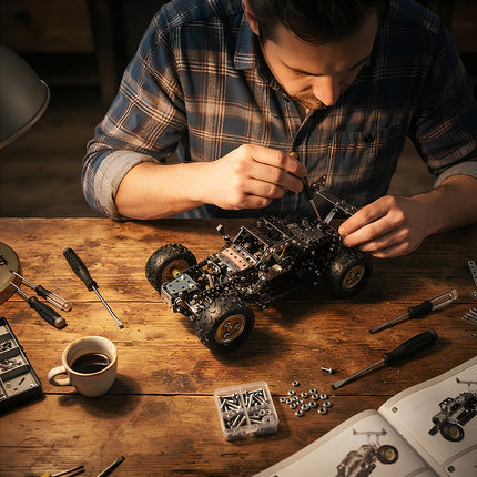 Adult mechanic enthusiast hands-on building a metallic 3D off-road car puzzle model kit with tools, screws, and instruction manual.