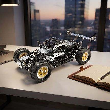 Premium DIY metallic off-road race car model puzzle with gold rims, styled as a modern office desk ornament.