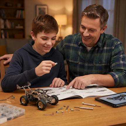 Dad guiding his son through building a metallic 3D off-road car puzzle using an instruction manual and tools for STEM learning.