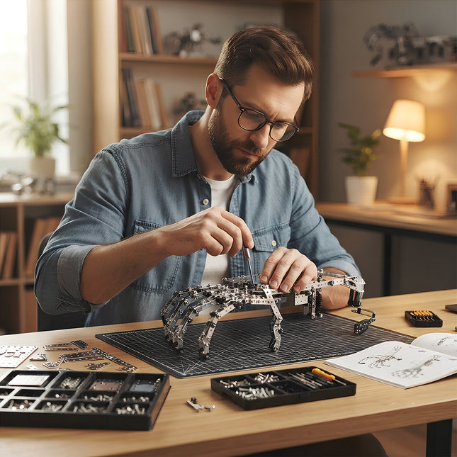Complex DIY metallic mechanical spider puzzle kit with organized screw trays and manual for adult model builders.