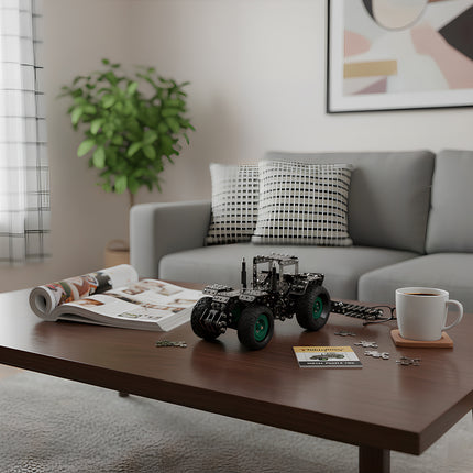 Assembled DIY metallic tractor puzzle model styled as an elegant living room tabletop ornament in a bright, modern home interior.