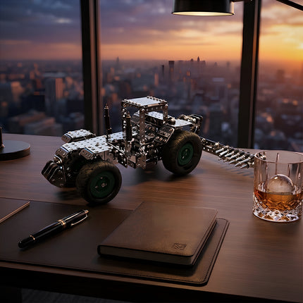 Premium DIY metallic tractor mechanical model puzzle styled as a sophisticated desk ornament in a high-rise executive office.