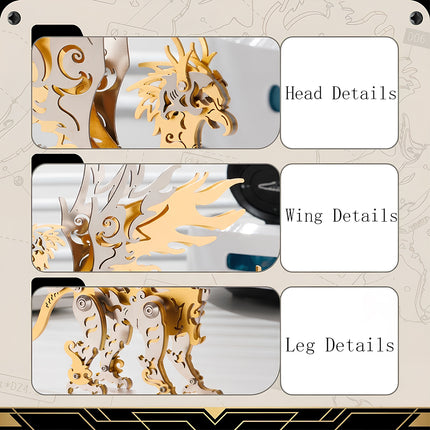 Detailed close-up of the head, wings, and legs of a golden mythical beast metal model, part of our 3D puzzle Metal Kits collection.