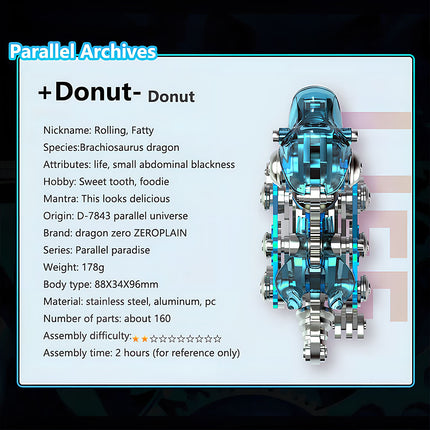"Donut" Brachiosaurus mechanical steampunk metal model specifications, including material (stainless steel, aluminum), parts count (~160), and assembly difficulty. A charming 3D puzzle metal kit for a unique steampunk puzzle.