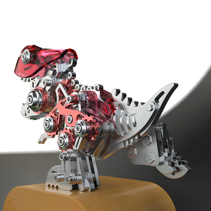 Side view of an assembled transparent red mechanical dinosaur metal model, emphasizing its intricate internal gears and mechanical steampunk construction. This 3D puzzle metal kit offers a visually striking steampunk puzzle.