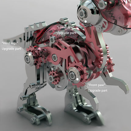  Diagram showing "Lower Jaw," "Hind legs," and "Front paw" upgrade parts for a mechanical steampunk dinosaur metal model. Enhances this 3D puzzle metal kit for a customized steampunk mech.