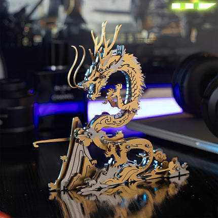 Assembled gold and silver steampunk dragon metal model 3D puzzle, majestically displayed on a desk with ambient lighting, a unique mechanical steampunk desktop decor or challenging Metal Kits for enthusiasts.