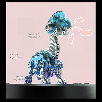  Blue mechanical steampunk dinosaur metal model with labeled "Lower jaw," "Hind legs," "Abdomen," and "Front leg" upgrade parts. A customizable 3D puzzle metal kit for a unique steampunk puzzle experience.