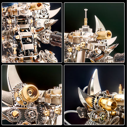 Close-up details of a steampunk mech model, showcased in a quad-panel view, emphasizing its intricate mechanical steampunk gears, metallic textures, and elaborate construction. This metal model is a true steampunk puzzle masterpiece.