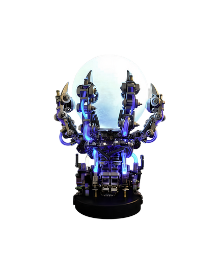 A futuristic mechanical stand with blue LED lights cradles a bright white sphere—this is the Dragon Claw Lamp. This unique metal model is a challenging yet rewarding DIY project from our 3D assembly metal kits, destined to become a conversation piece on any interesting desk
